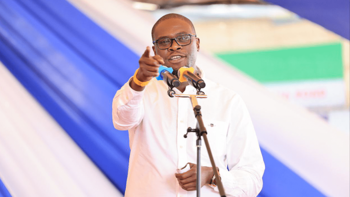 Johnson Sakaja gestures as he delivers speech during the burial ceremony in Nyeri