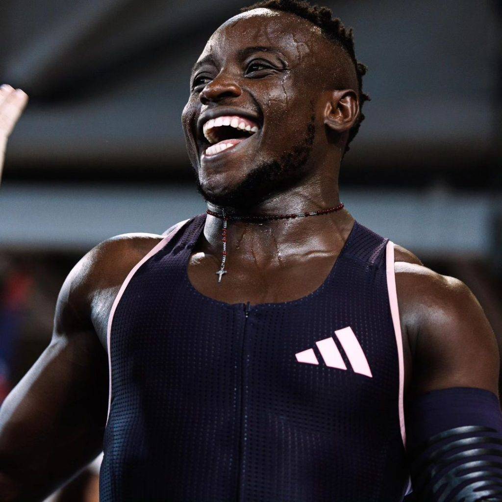 Omanyala all smiles after shattering a New National Record in 6.52 seconds at the Elite Indoor Track Meeting in Miramas, France. Photo: Ferdinand Omanyala/Instagram