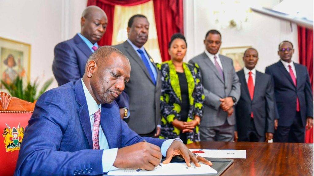 President William Ruto signing the Finance Bill to law at State House, Nairobi on June 26, 2023. He is expected to sign Housing Levy later today, means more taxation for Kenyans. Photo: PCS