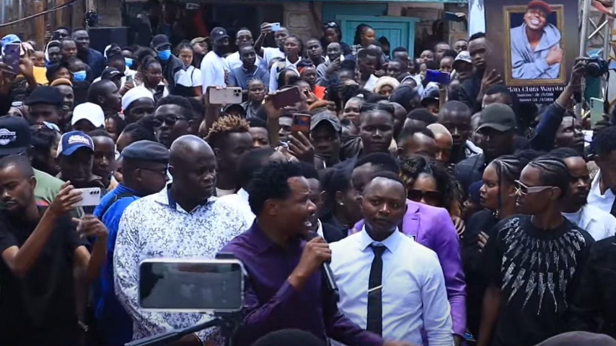 Mumia East MP Peter Salasya speaking during Brian Chira's burial in Githunguri on March 26, 2024. Photo: TV47