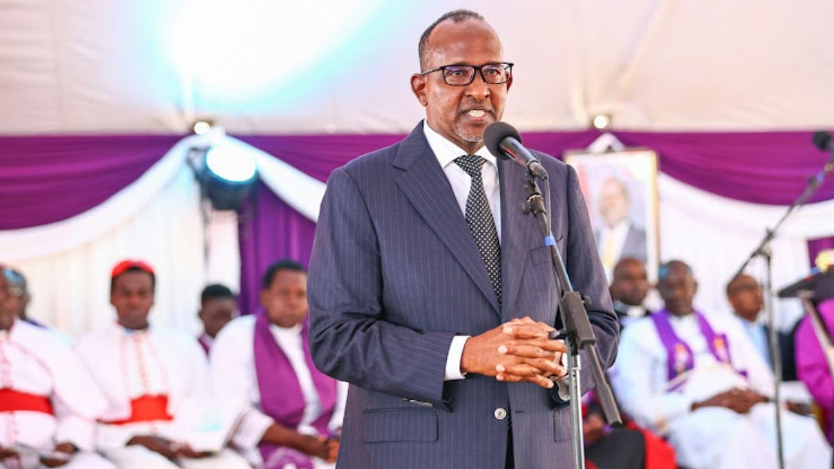 Defence CS Aden Duale speaking during the funeral service of General Francis Omondi Ogolla held at Senator Obama K'Ogello Primary school in Siaya on Sunday, April 21, 2024. Photo/PCS