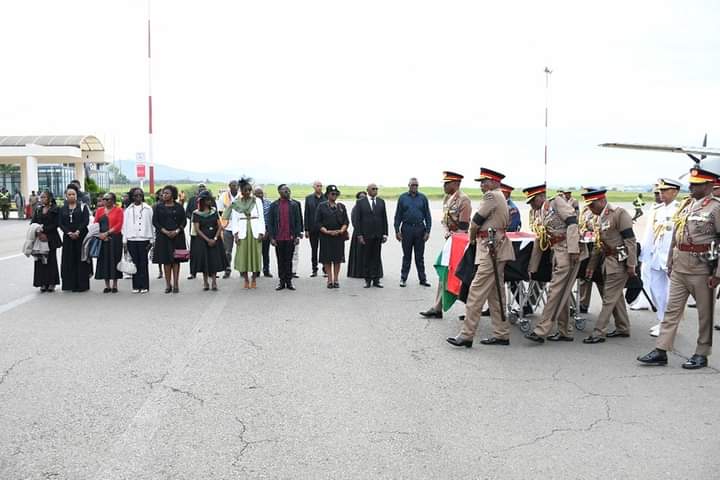 The body of General Francis Ogolla arrive at Kisumu International Airport for burial in Siaya County on April 21, 2024. Photo: TV47 