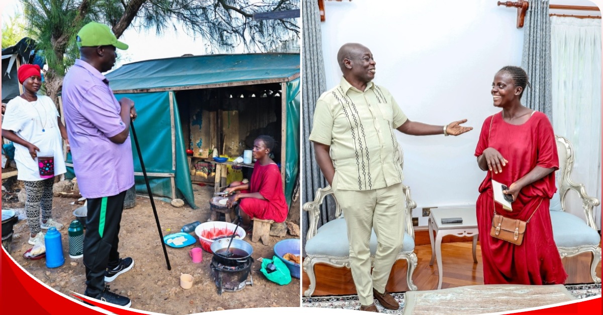 Collage photo of Deputy President Rigathi Gachagua with Mandazi seller in Mombasa. Photo: Rigathi Gachagua/X