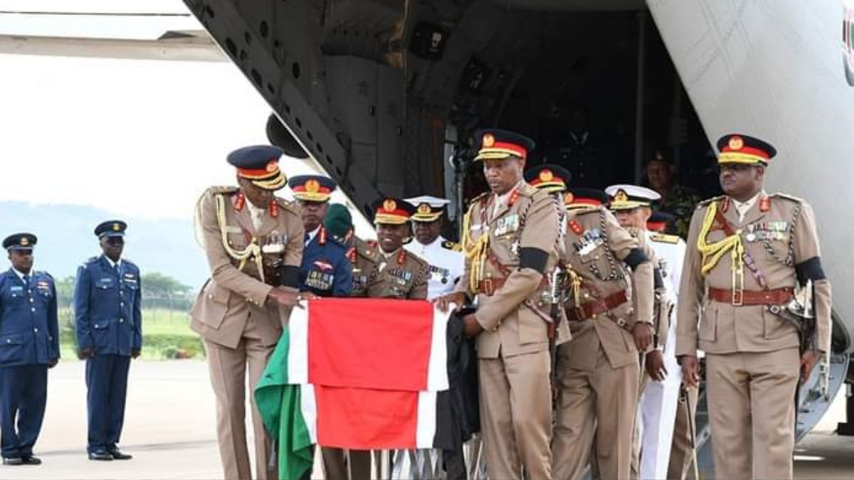 The body of General Francis Ogolla arrive at Kisumu International Airport for burial in Siaya County on April 21, 2024. Photo: TV47