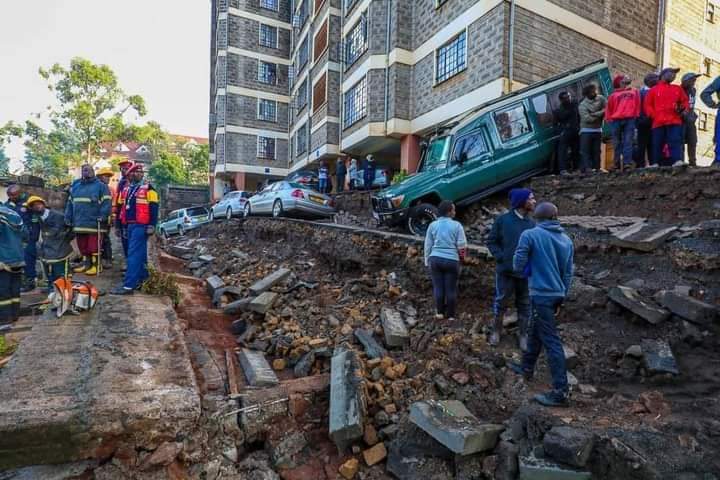 The perimeter wall collapsed in Ruaka, Kiambu County after heavy rainfall on April 21, 2024. Photo/TV47