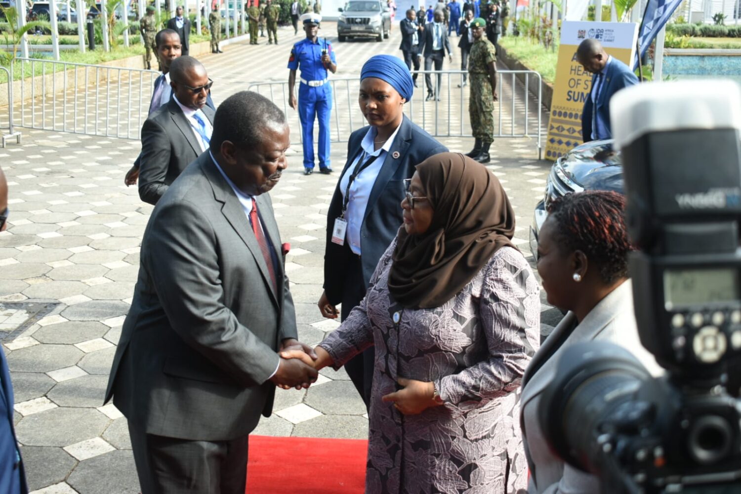 Prime cabinet secretary Musalia Mudavadi welcomes Tanzania's President Samia Suluhu at KICC on April 29, 2024. Photo/TV47