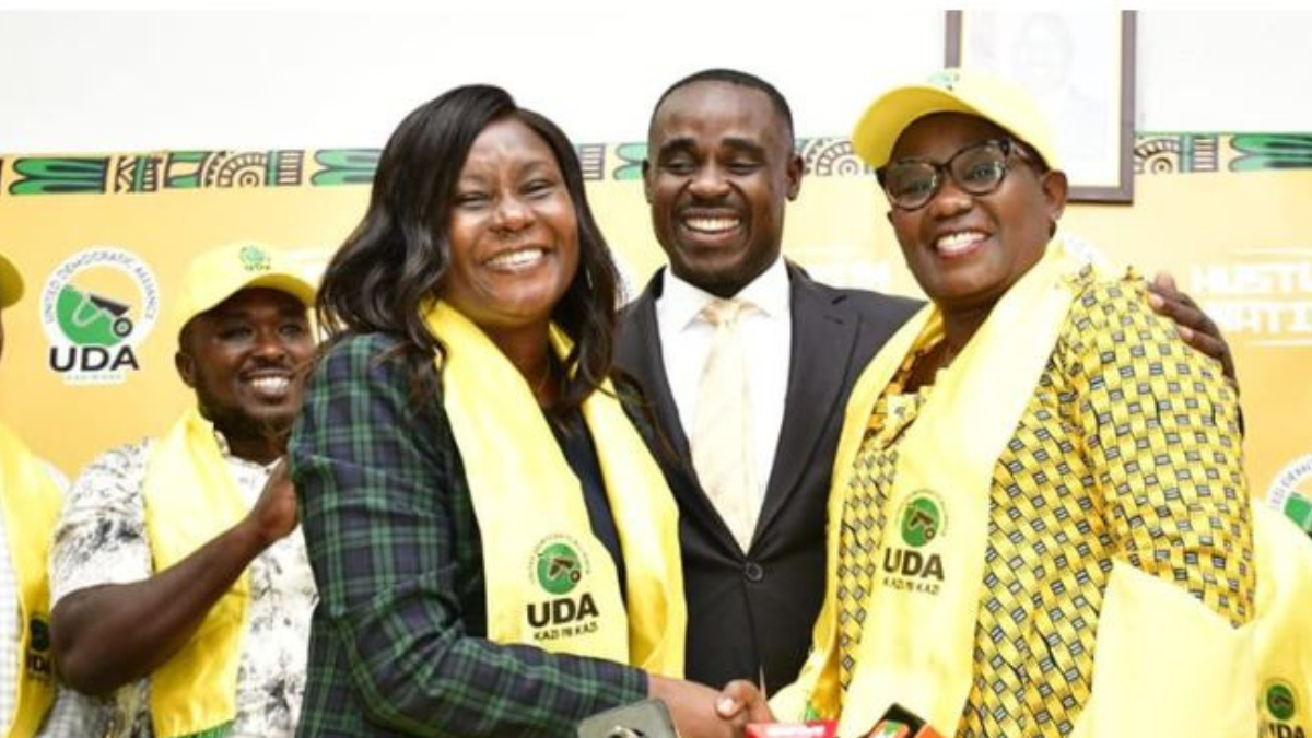 Governor Kawira Mwangaza (right) received by UDA secretary general Cleophas Malala and party chairperson governor Cecily Mbarire at party headquarters on April 3, 2024. Photo: Courtesy