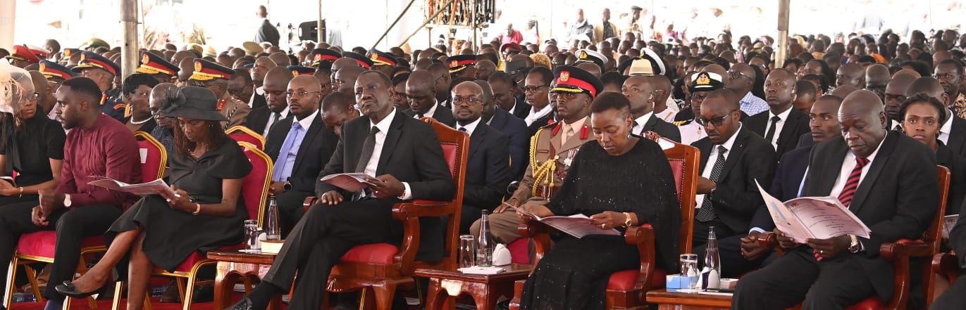 From right is DP Rigathi Gachagua, First Lady Rachel Ruto, President Ruto, with Gen Ogolla’s children Lorna and Joel during the burial ceremony. Photo: TV47