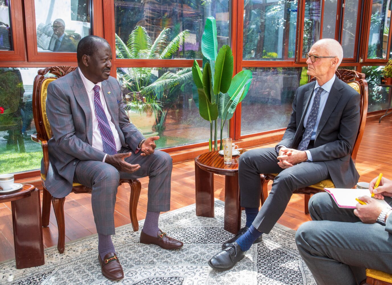Raila Odinga with Norwegian ambassador to Kenya Mr. Gunnar Andreas Holm at his Karen home on April 25, 2024. The diplomat endorsed Raila's bid for the African Union Commission job. 
