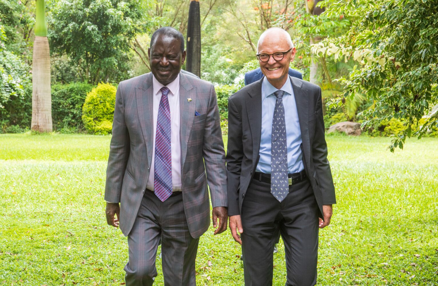 Raila Odinga with Norwegian ambassador to Kenya Mr. Gunnar Andreas Holm at his Karen home on April 25, 2024. The diplomat endorsed Raila's bid for the African Union Commission job. 