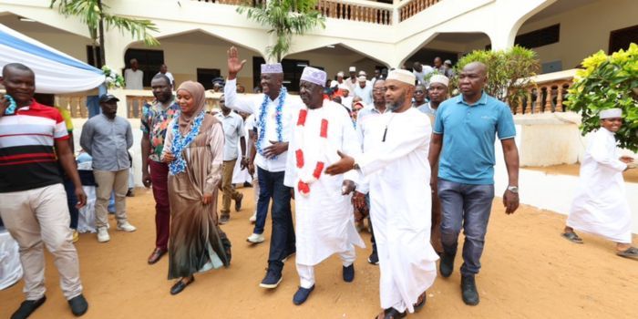 ODM Party Leader Raila Odinga with coastal leaders attending the annual fundraiser in aid of the Malindi Islamic Center at Markaz Darul Aitam Orphanage in Malindi on March 31, 2024. PHOTO: ABDULSWAMAD SHERRIF NASSIR 