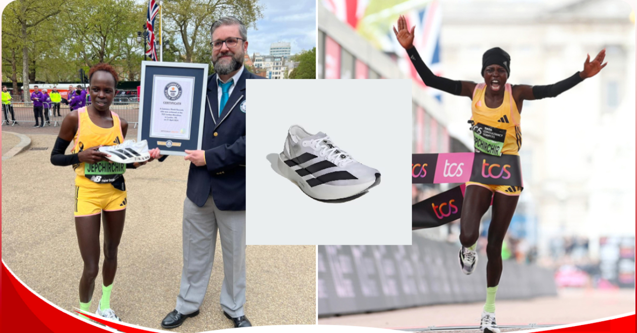 Details of the world record-breaking Ksh 67K shoes worn by Jepchirchir