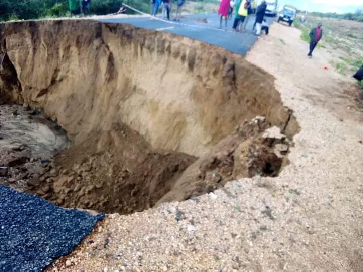 A section of Kapenguria -Lodwar highway swept away by floods on April 28, 2024. Photo/TV47