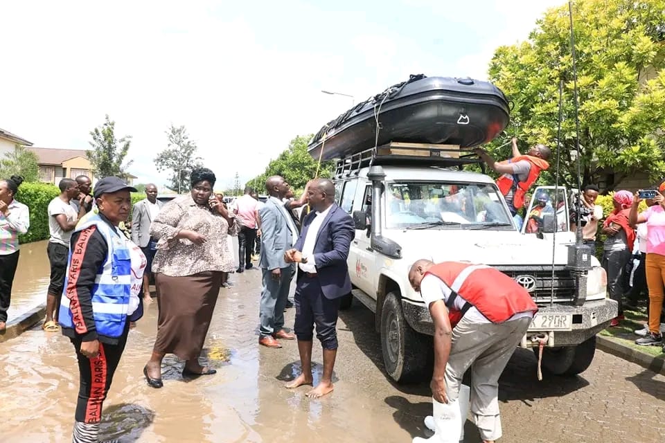 Machakos governor Wavinya Ndeti (left) with other county officials during the rescue of residents affected by floods in Athi River on April 24, 2024. Photo/TV47 