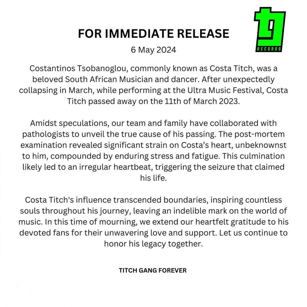 Official statement revealing the real cause of Costa Titch's death. Photo: Costa Titch/Instagram 