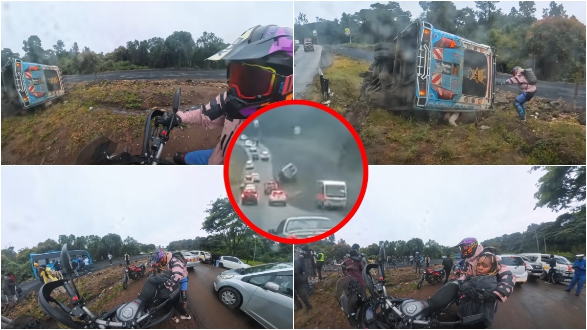 Biker Brayo rescues passengers on Magadi Road after their matatu rolled over