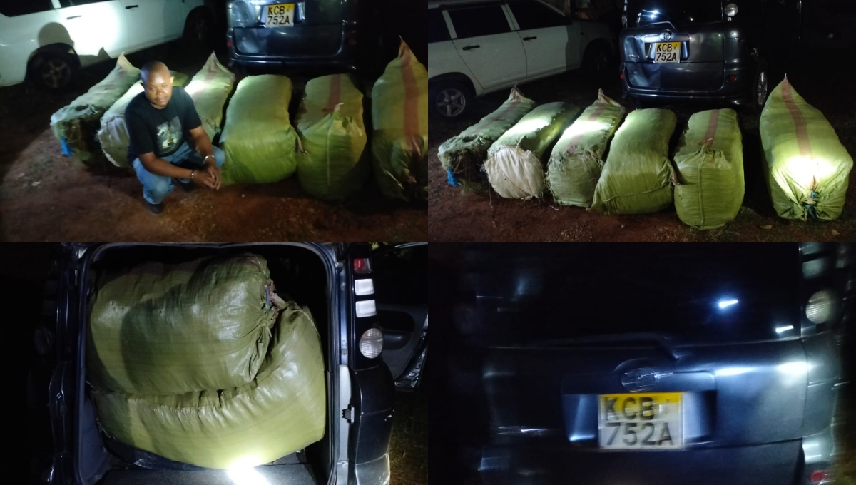 A dark grey Toyota Sienta evades a police road block: Police discover it is ferrying 5 sacks of bhang