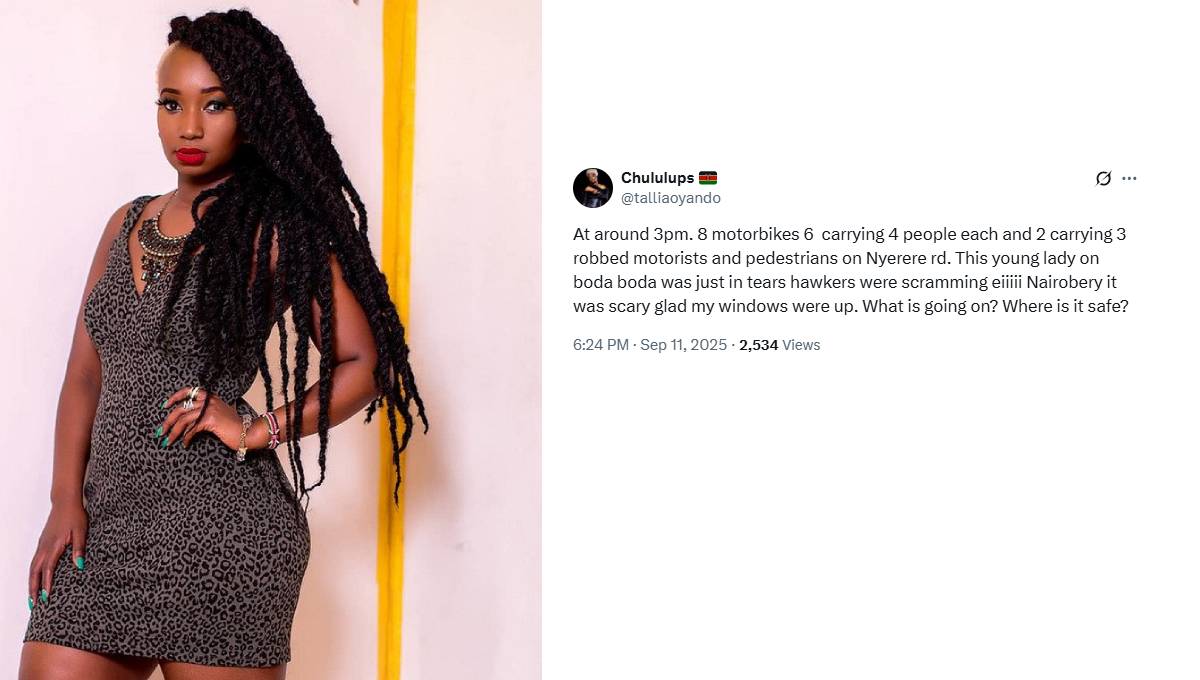 ‘Nairobery’ strikes again: Talia Oyando decries rising insecurity after daylight robbery on Nyerere Road