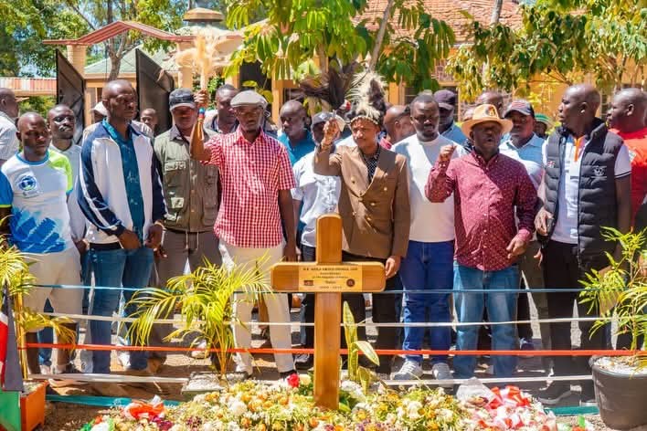 Babu Owino alongside Raila Odinga Junior and other officials at Kang'o ka Jaramogi, the burial place of the late Prime Minister of Kenya, Raila Odinga.