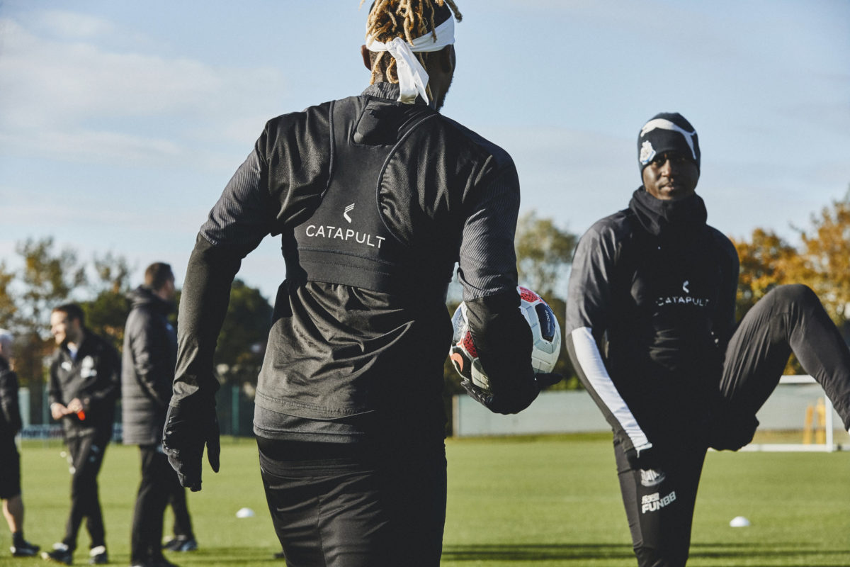 Footballers wearing bra-like vest during a training match session. Photo: Catapult One