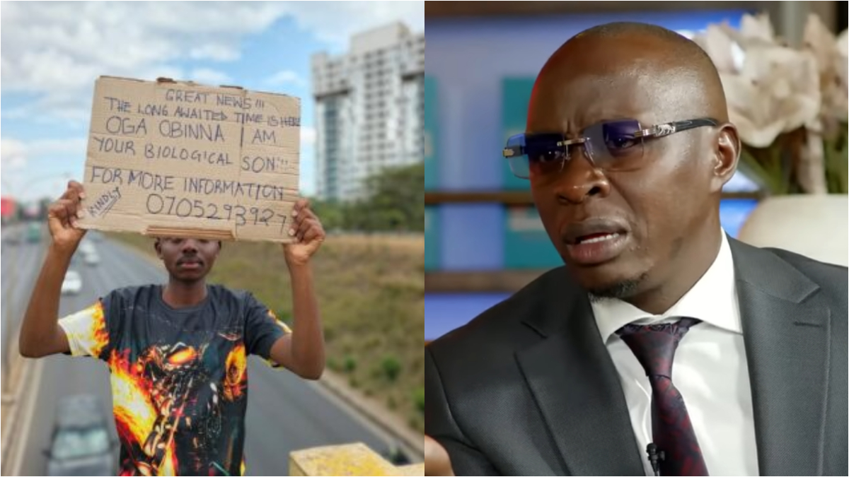 Young man in Nairobi holds placard claiming to be Oga Obinna’s biological son