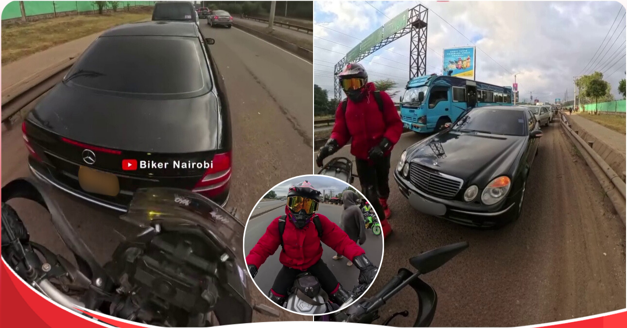 “Leo ni kama niko na swara”: Biker Brayo rams into the back of a Mercedes before nearly hitting a pedestrian