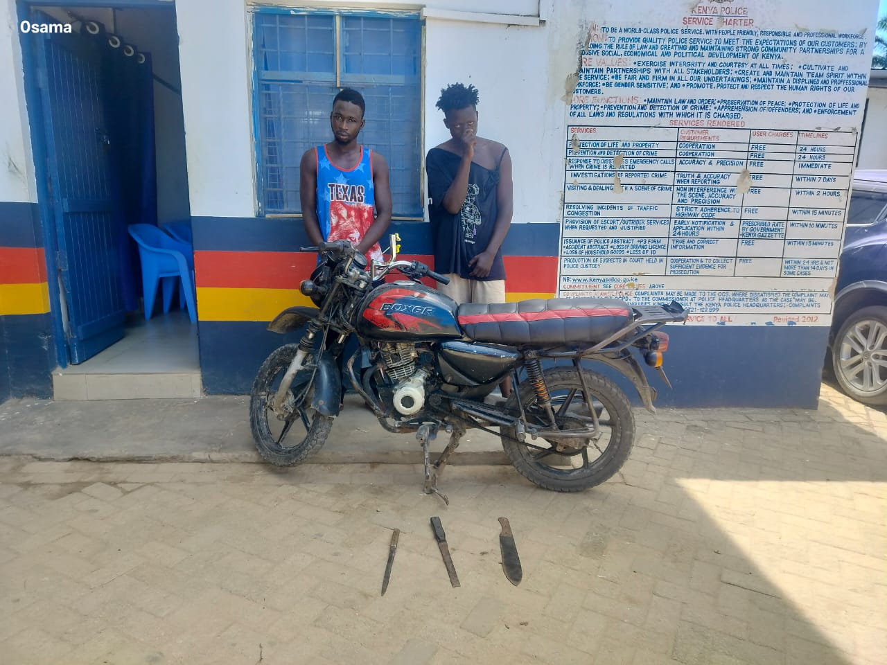 Two notorious suspects linked to robberies in Mtwapa arrested; motorcyle, machetes recovered