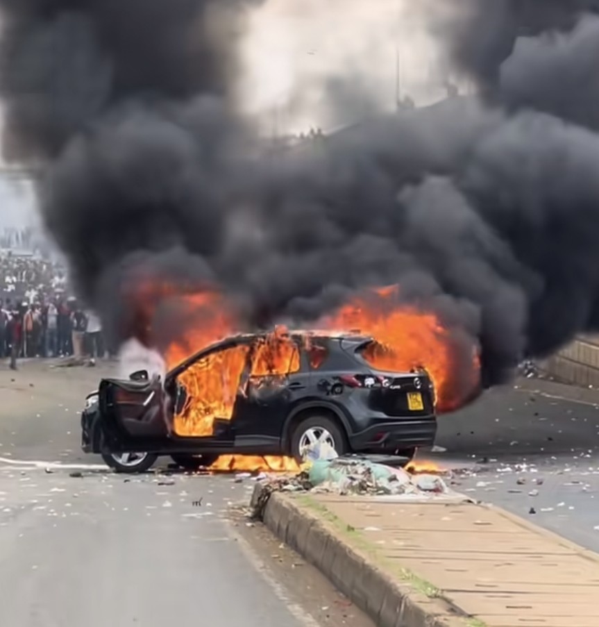 Police launch manhunt after Mazda CX-5 torched on Thika Road during protests