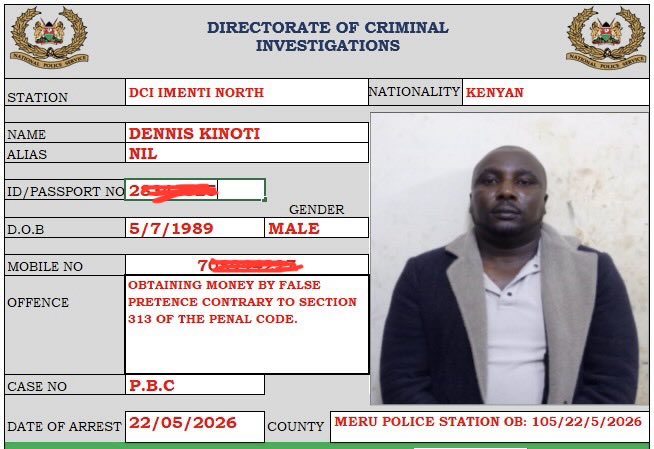 Meru detectives arrest suspect in KSh7.5 million fake gold fraud targeting retired TSC officer
