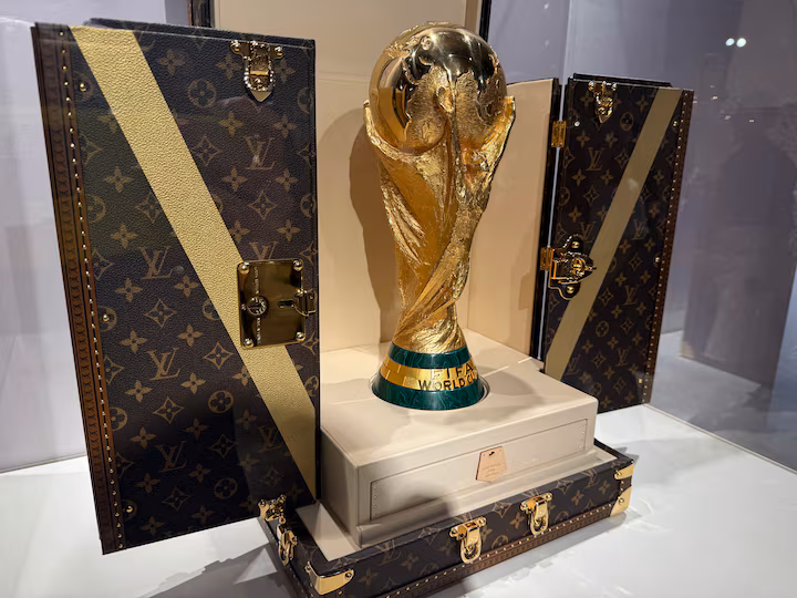 The FIFA World Cup 2026 replica trophy is displayed inside an elegant Louis Vuitton trophy trunk ahead of Spain vs Argentina final. Photo: Facebook