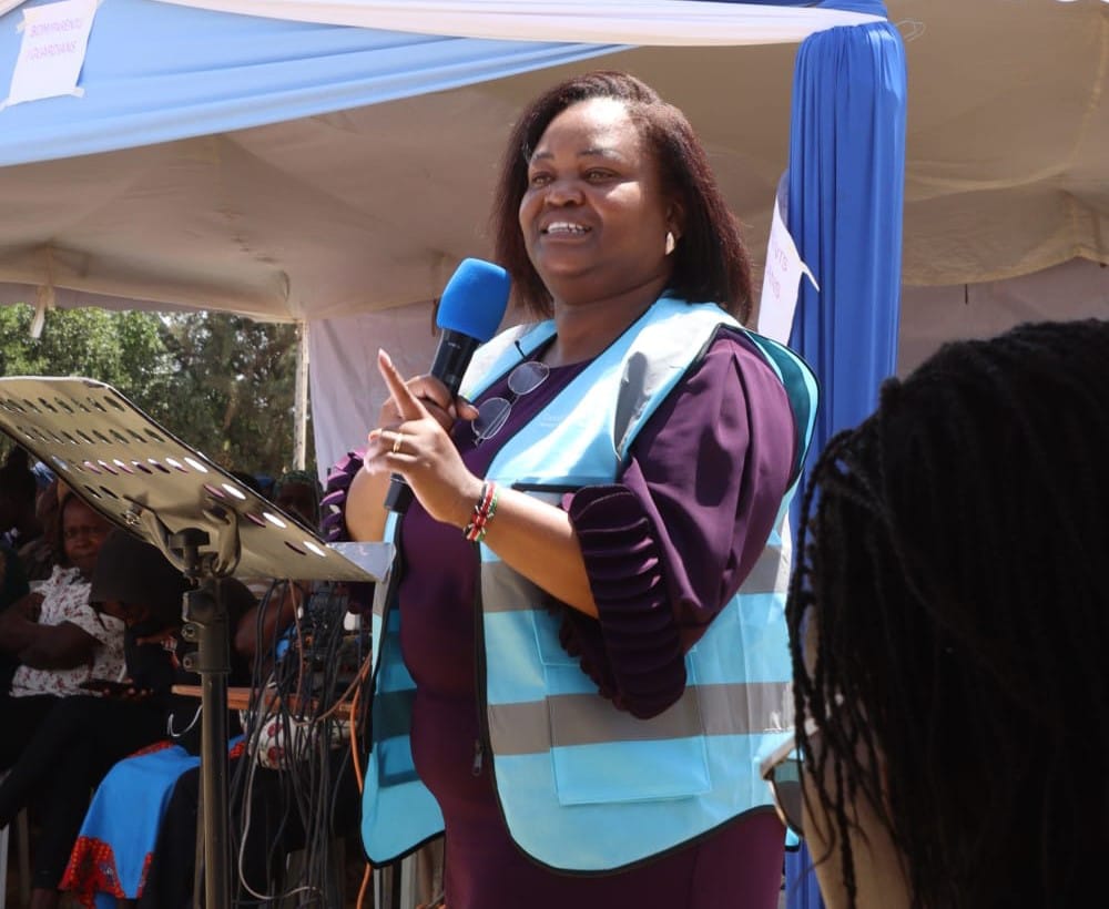 Alice Mwangi, Africa Regional Director Good Vision speaking during the launch of the Laikipia School Eye Health Project at Bungoma Primary School. PHOTO/TONY WAFULA