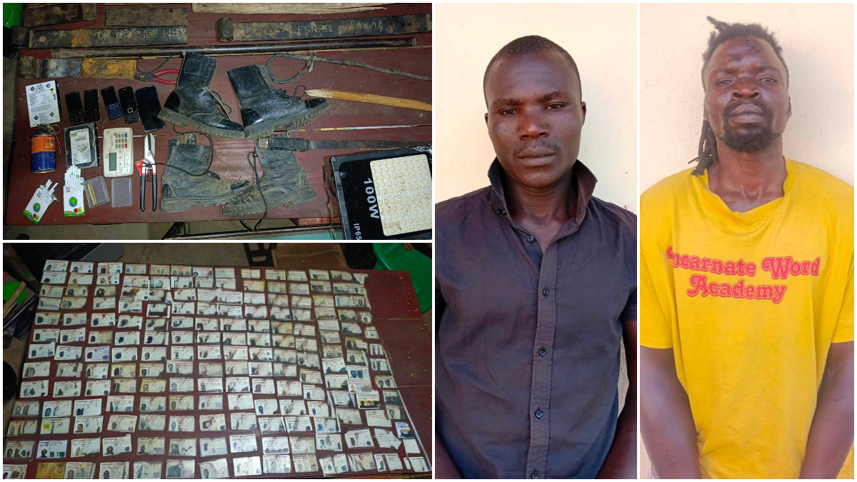 Over 180 IDs recovered as police arrest two hardcore gangsters in Teso South; teargas canister, military boots also seized