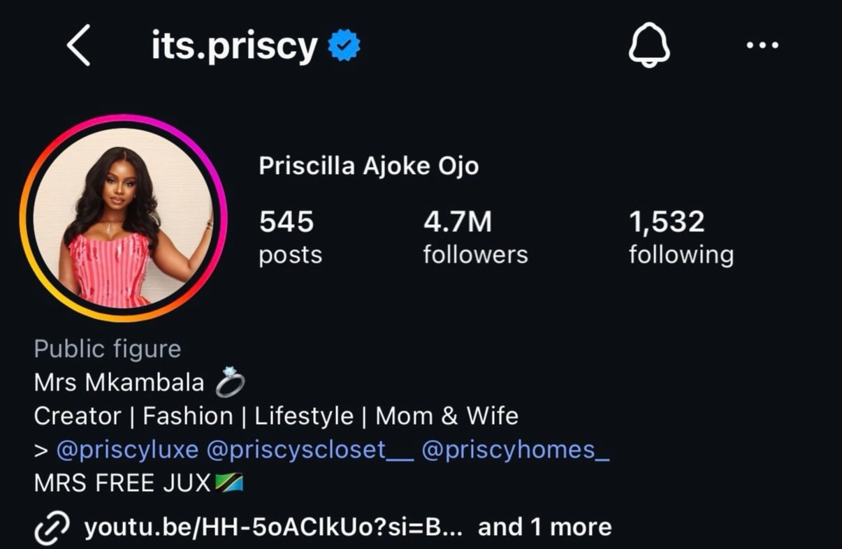 Priscilla Ojo jumps into the fun with a ‘Mrs Free Jux’ bio amid buzz over Juma Jux’s weight loss. Photo: Instagram