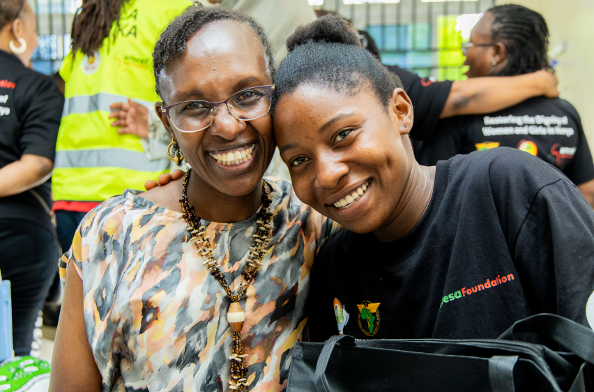 Meru First Lady H.E. Miriam Mutuma shares a moment with 21-year-old Naomi Kadze after her successful fistula surgery at Marafa Sub-County Hospital during the Kilifi Fistula Camp. The Integrated fistula programme links emergency surgical camps with long-term, routine county health services.